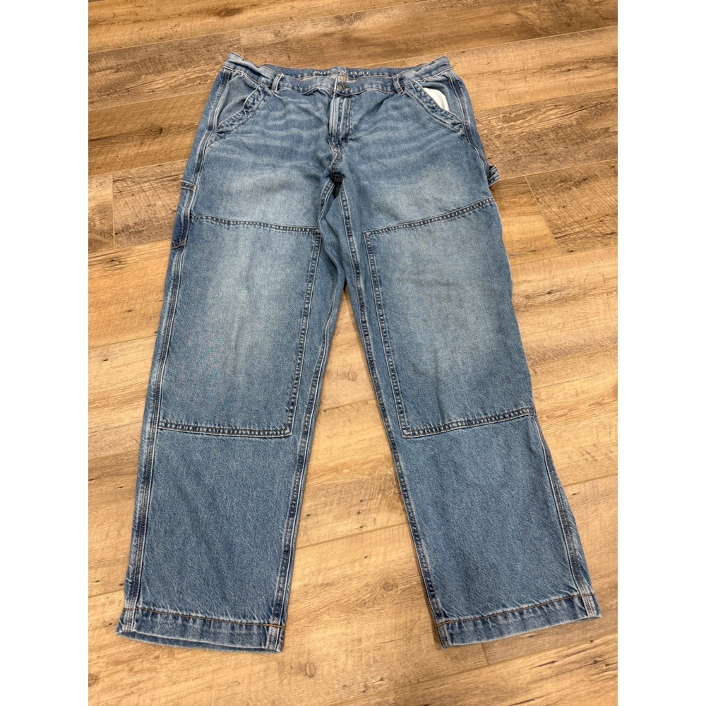 American Eagle 90s Straight Double Knee Carpenter Jeans Light Wash Blue Mens 20